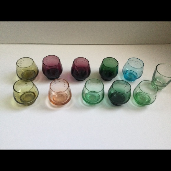 Vintage Etched Colored Shot glasses Lot of 11